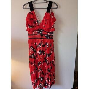 Haute Rogue Dress Womens Size S Red White Black Sleeveless Floral Pleated Ruffle
